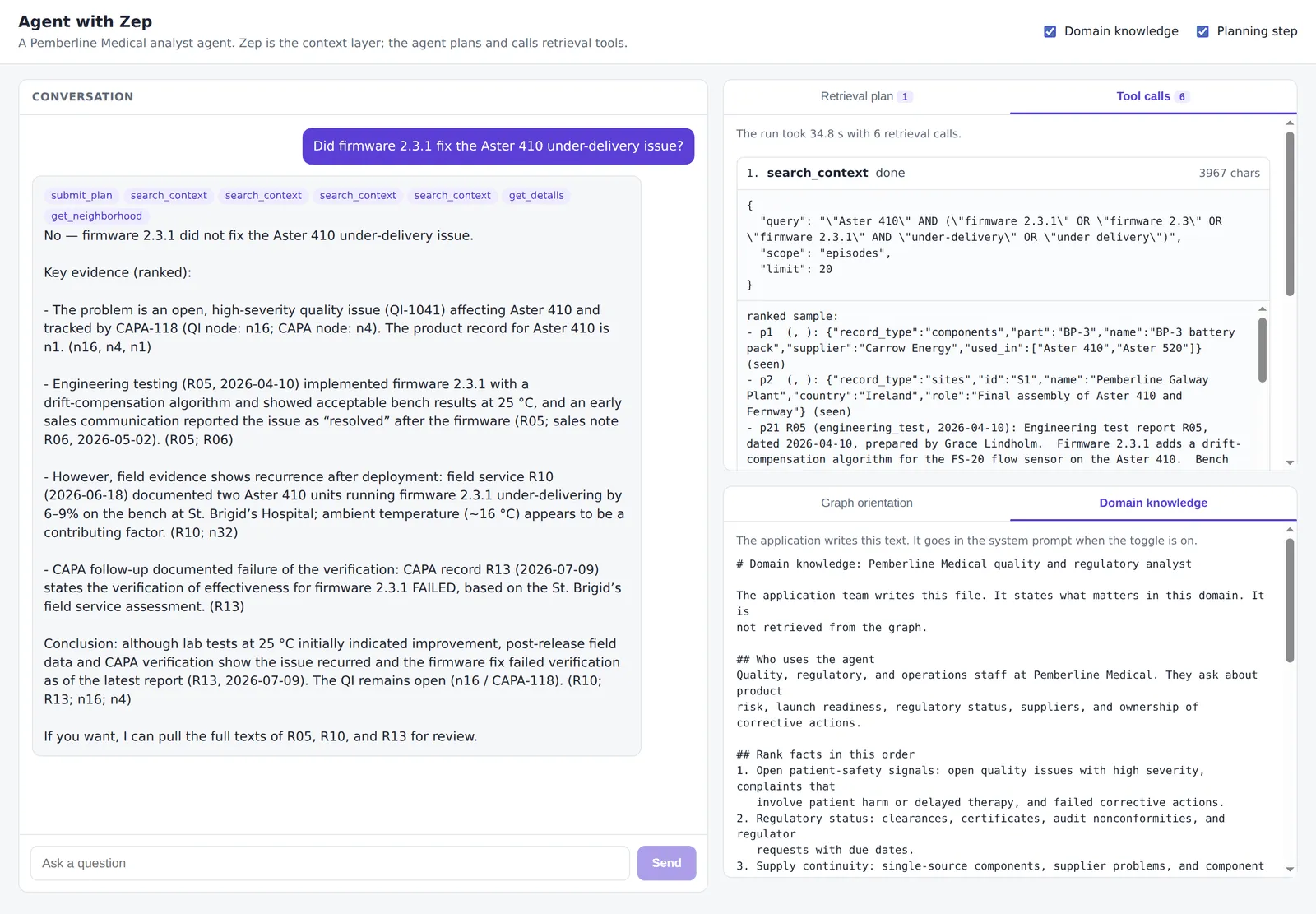 The reference agent frontend with the answer and the tool calls panel open. The first tool call is a search_context call with its arguments and a ranked sample.