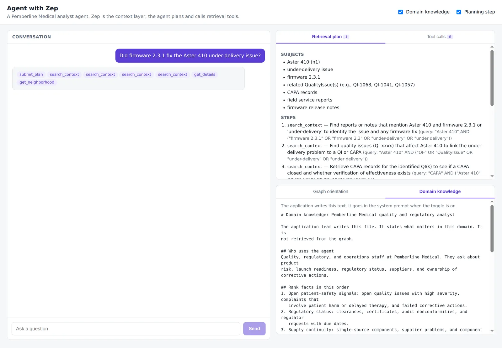 The reference agent frontend with the retrieval plan panel open. The plan lists the subjects and the retrieval steps for a question about firmware 2.3.1.